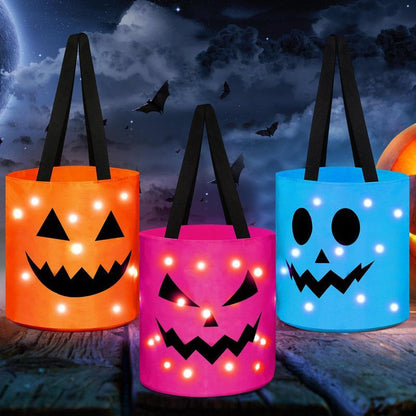Halloween Candy Bucket with LED Lights Trick or Treat Bags for Kids and Adults Halloween Basket Reusable Night Light Pumpkin Candy Baskets Tote Bags for Kids Party Supplies Gifts