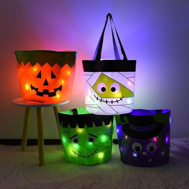 Halloween Candy Bucket with LED Lights Trick or Treat Bags for Kids and Adults Halloween Basket Reusable Night Light Pumpkin Candy Baskets Tote Bags for Kids Party Supplies Gifts